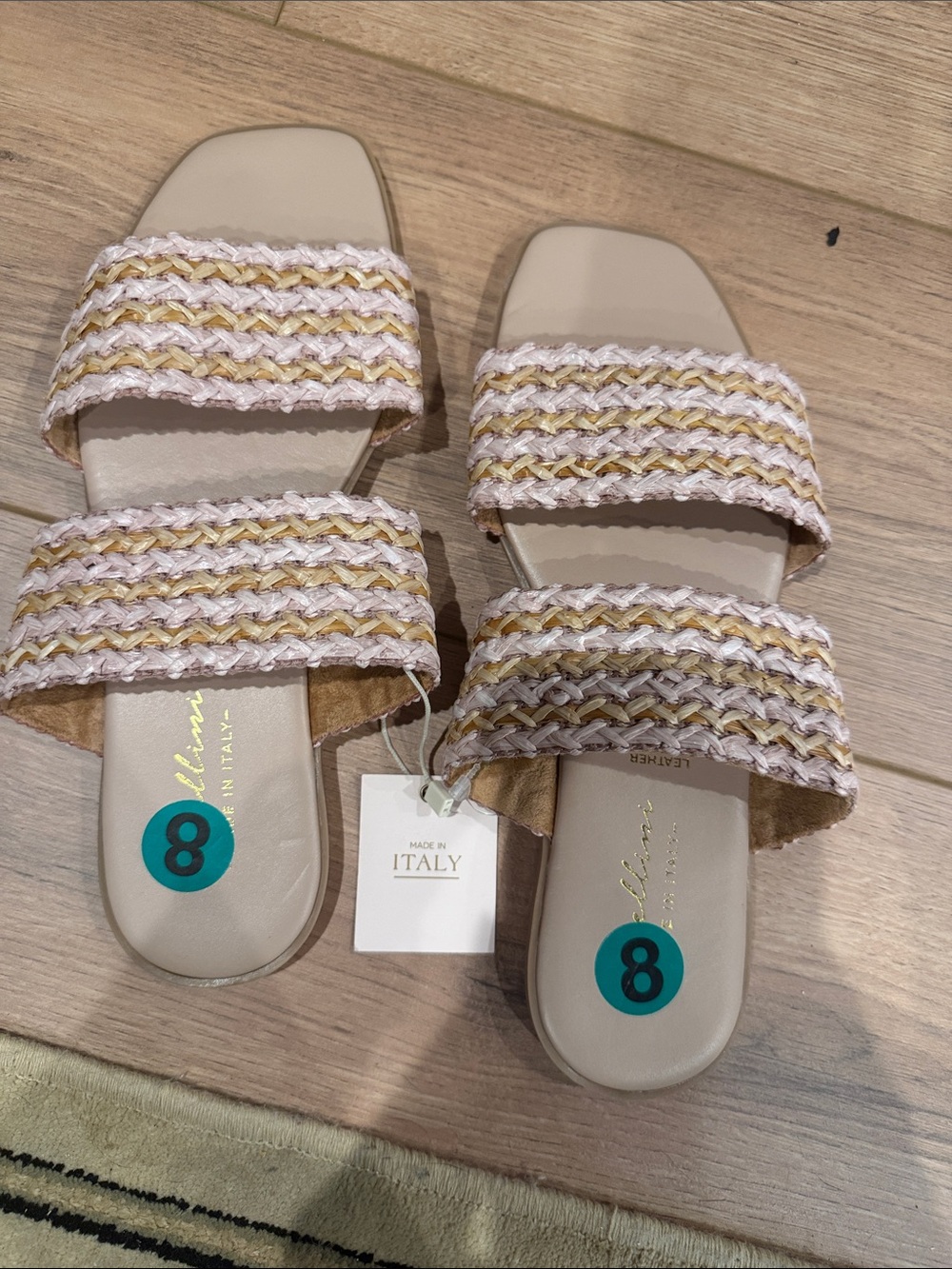 Woven Double-Strap Slide Sandals in Cream and Tan
